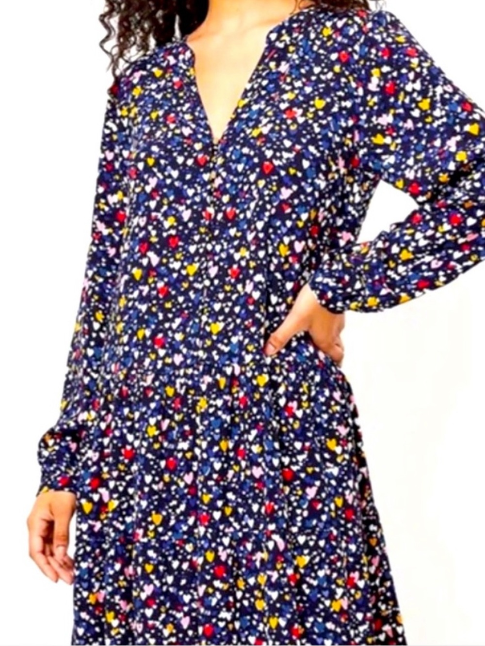 LOFT heart print dress navy gold buttons yellow, red, white small